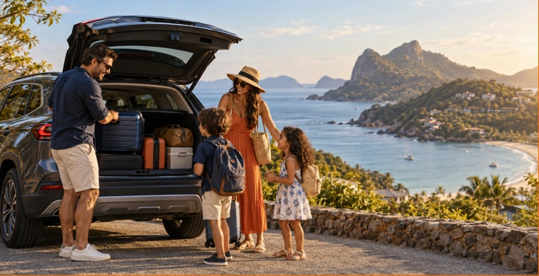 Família com carro e bagagens em uma viagem pela costa