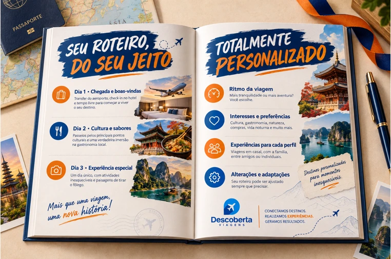 Book aberto com programação diária e experiências personalizadas