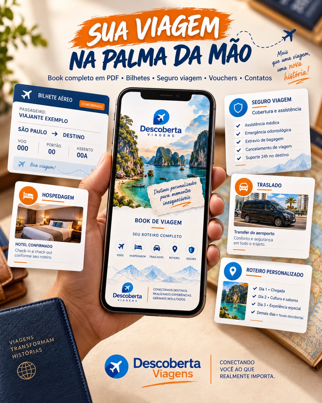 Book de viagem digital da Descoberta com bilhetes, hospedagem, seguro, traslado e roteiro no celular